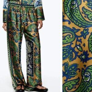 ZARA Printed Pajama Pants, Multicolor Green Paisley, Size XS